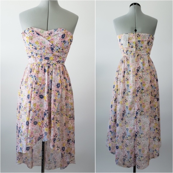 NWT Floral Strapless Hi-Lo Dress Small Flowy Strapless Pink Blush Pastel Wedding - Picture 1 of 7